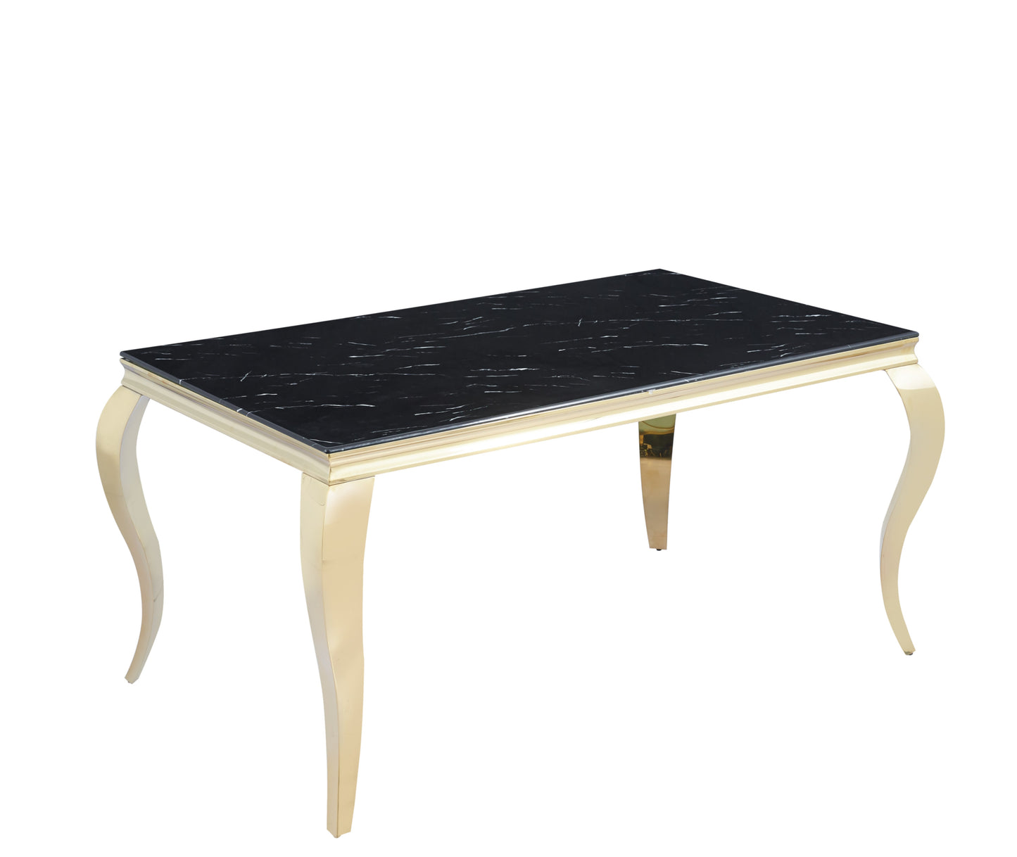 Table repas Baroque – Pieds gold et plateau effet marbre noir 180x90x75 cm