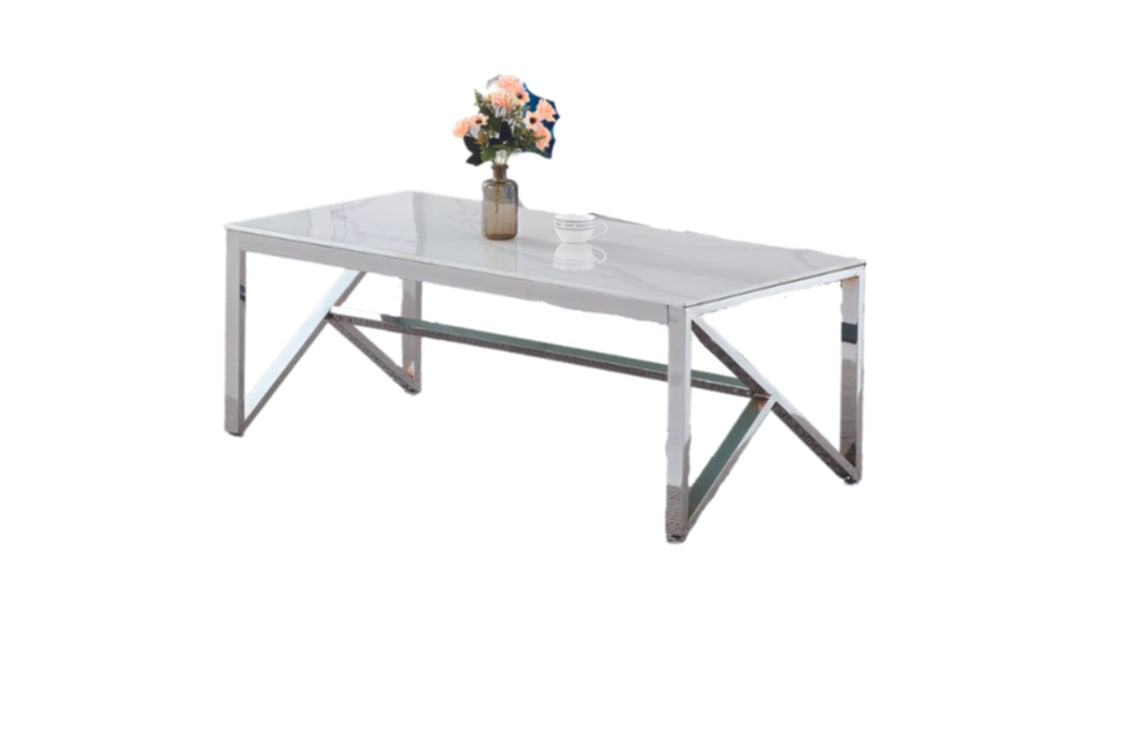 Table Basse Majestique – Métal Chrome & Verre Effet Marbre Blanc 120x60x45 cm