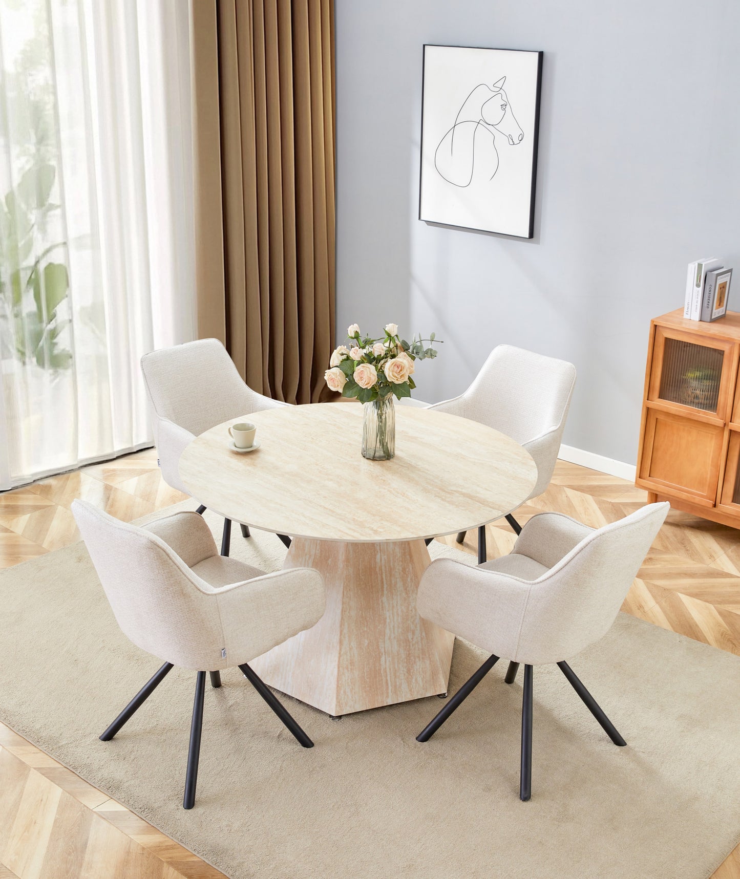 Table de repas Solal – Pied effet travertin et plateau céramique travertin mat Ø120 cm