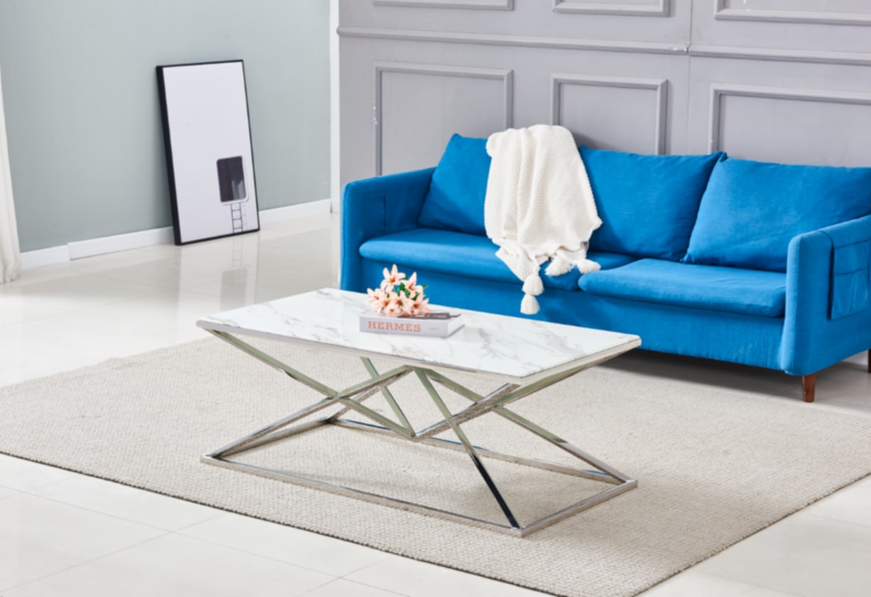 Table Basse Pyramide Rectangle – Métal Chrome & Plateau Marbre Blanc 120x60 cm