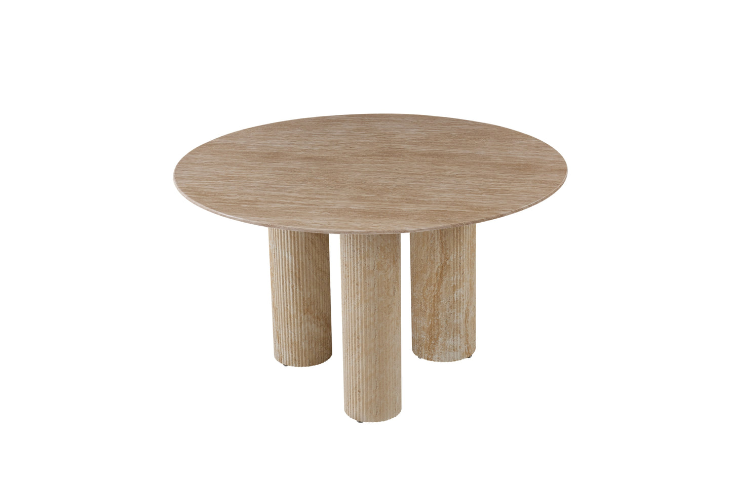 Table de repas Anaïs – Pieds métal effet travertin et plateau céramique travertin Ø120 cm
