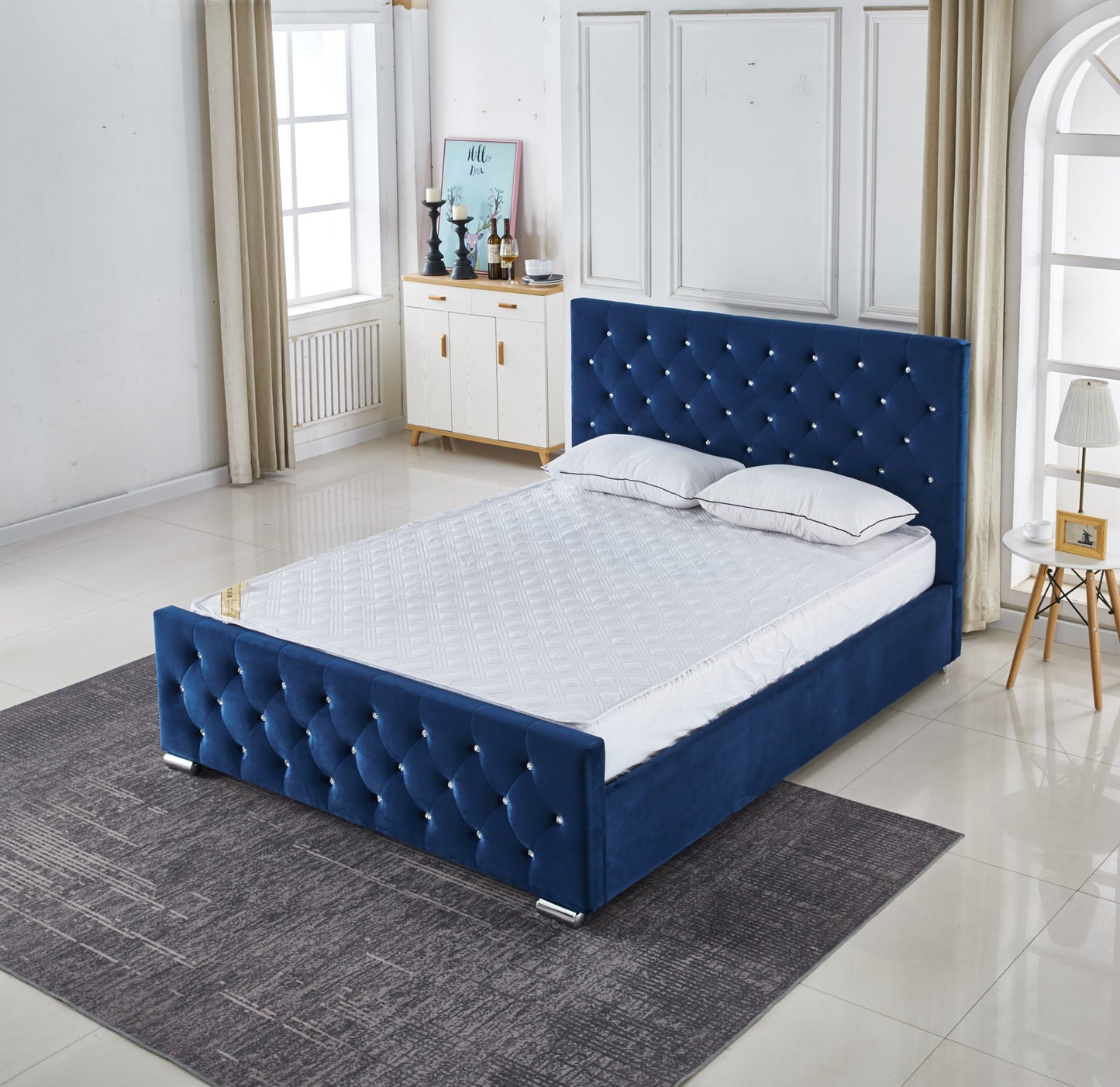 Lit Prestige Capitonné avec Diamants en Velours Bleu 160x200 cm