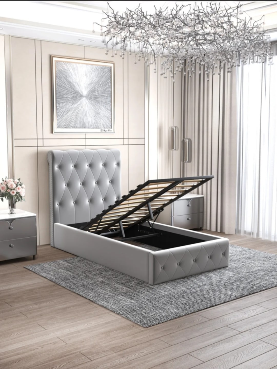 Lit Coffre « Corsica » en Velours Gris – 160x200 cm