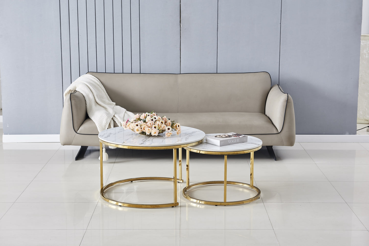 Tables Basses Gigognes – Pieds Gold & Plateaux Marbre Blanc 80x45 cm