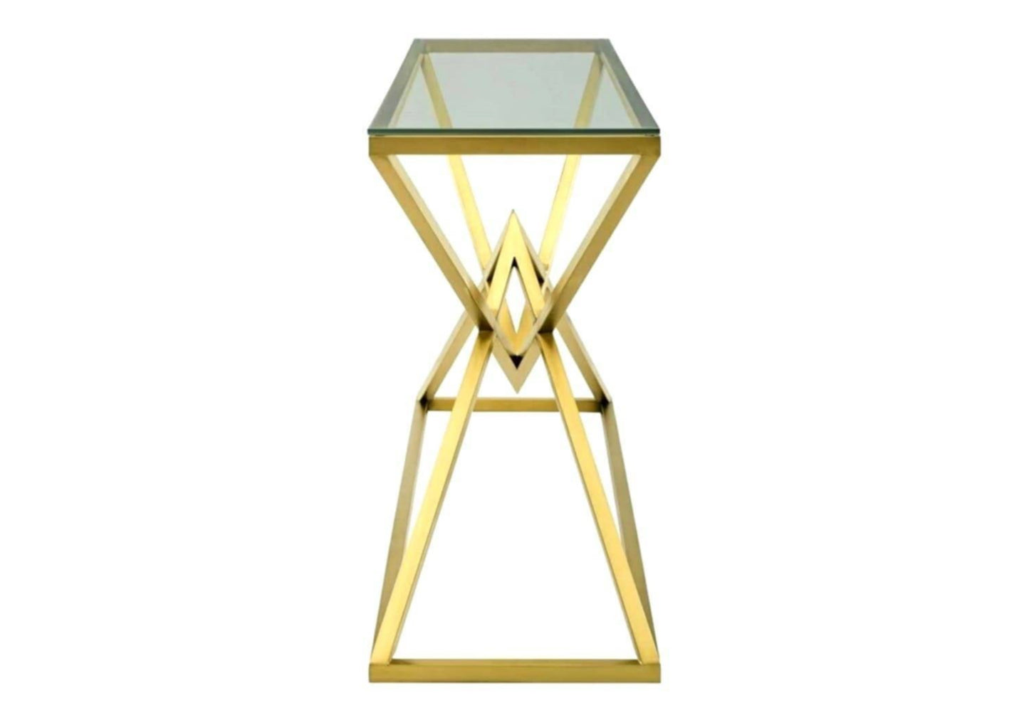 Console Pyramide en Métal Doré avec Plateau Verre Transparent – 120x40x78 cm