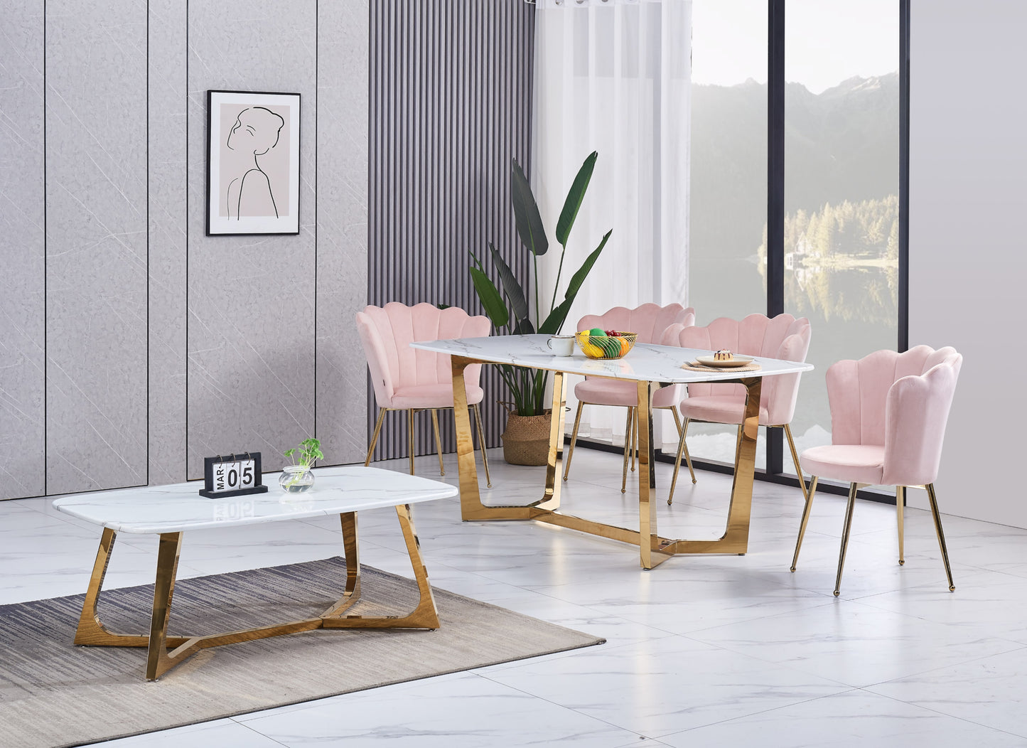 Table Basse Gossip – Pieds Gold & Plateau Marbre Blanc 120x70 cm