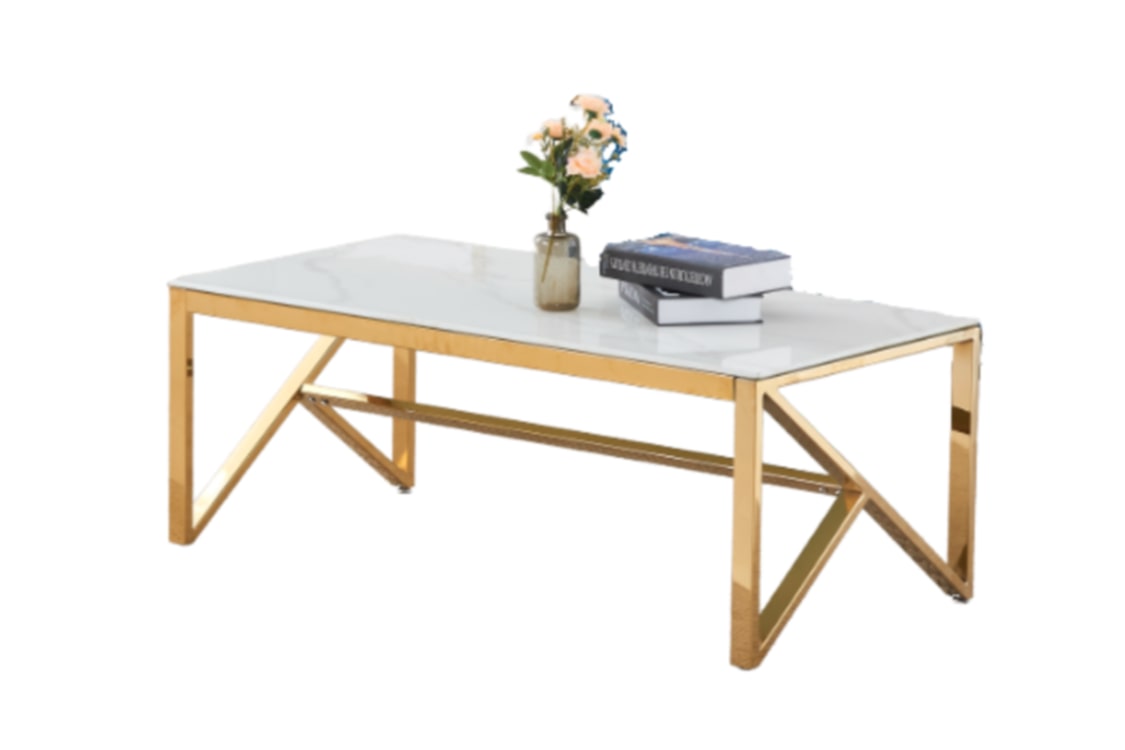 Table Basse Majestique – Gold & Verre Marbre Blanc 120x60x45 cm