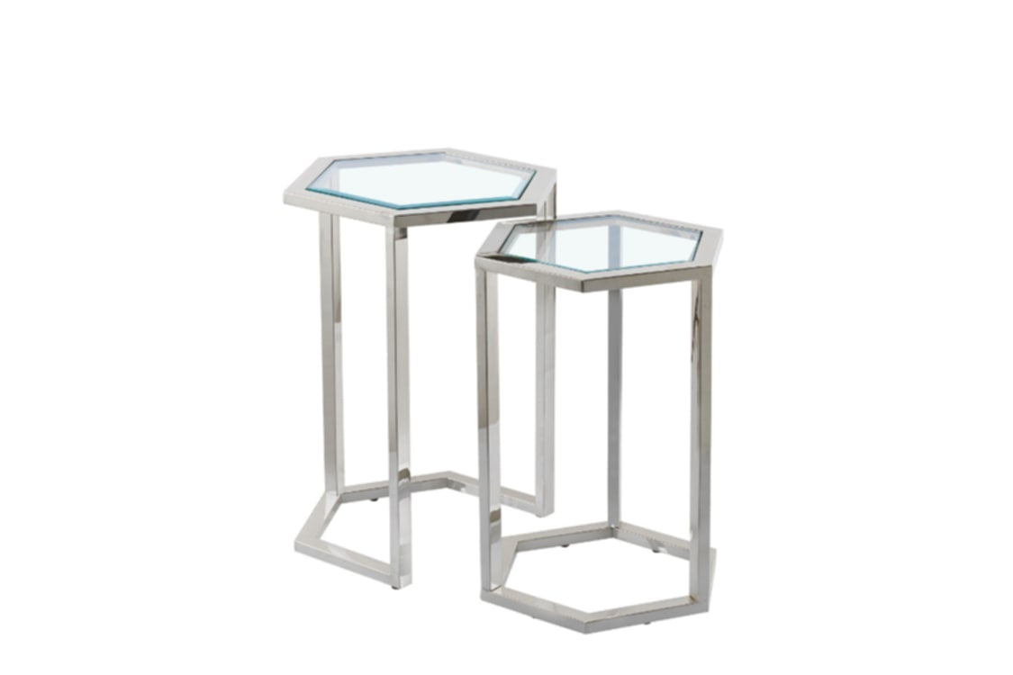 Guéridon Gigogne Hexagonal – Structure Chrome & Plateau Verre Transparent