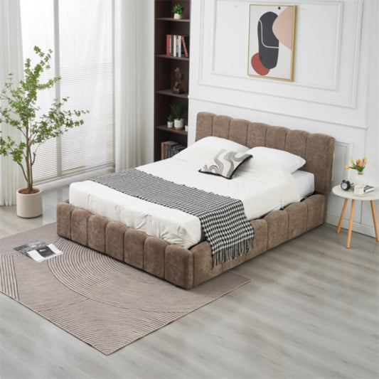 Lit Double Coffre Moon – Tissu Chenille Moka 140x190 cm