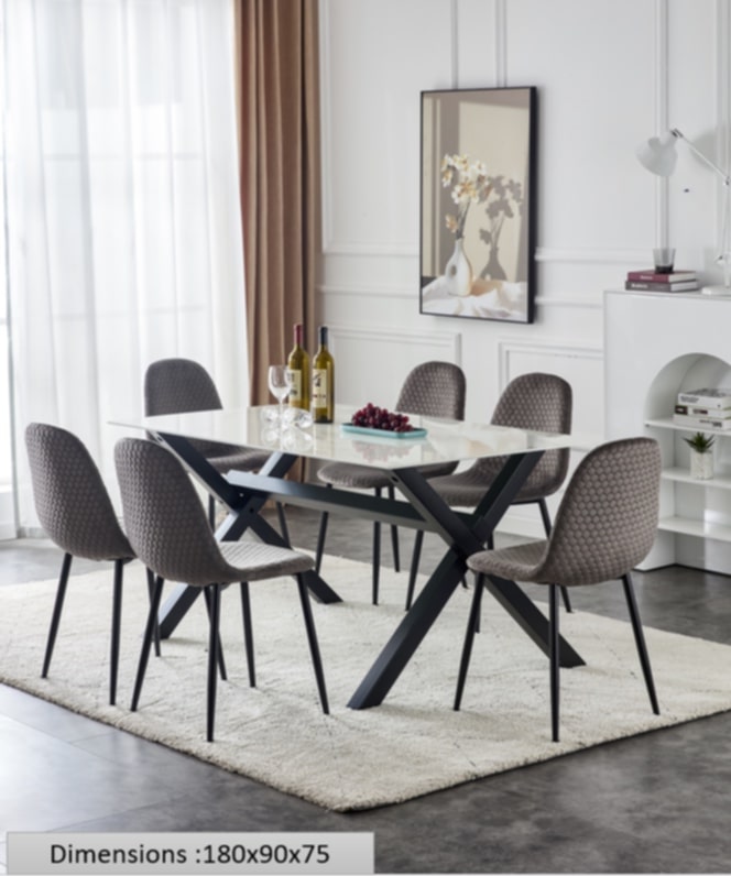 Table repas Ixe – Pieds métal et plateau effet marbre blanc 180x90x70 cm