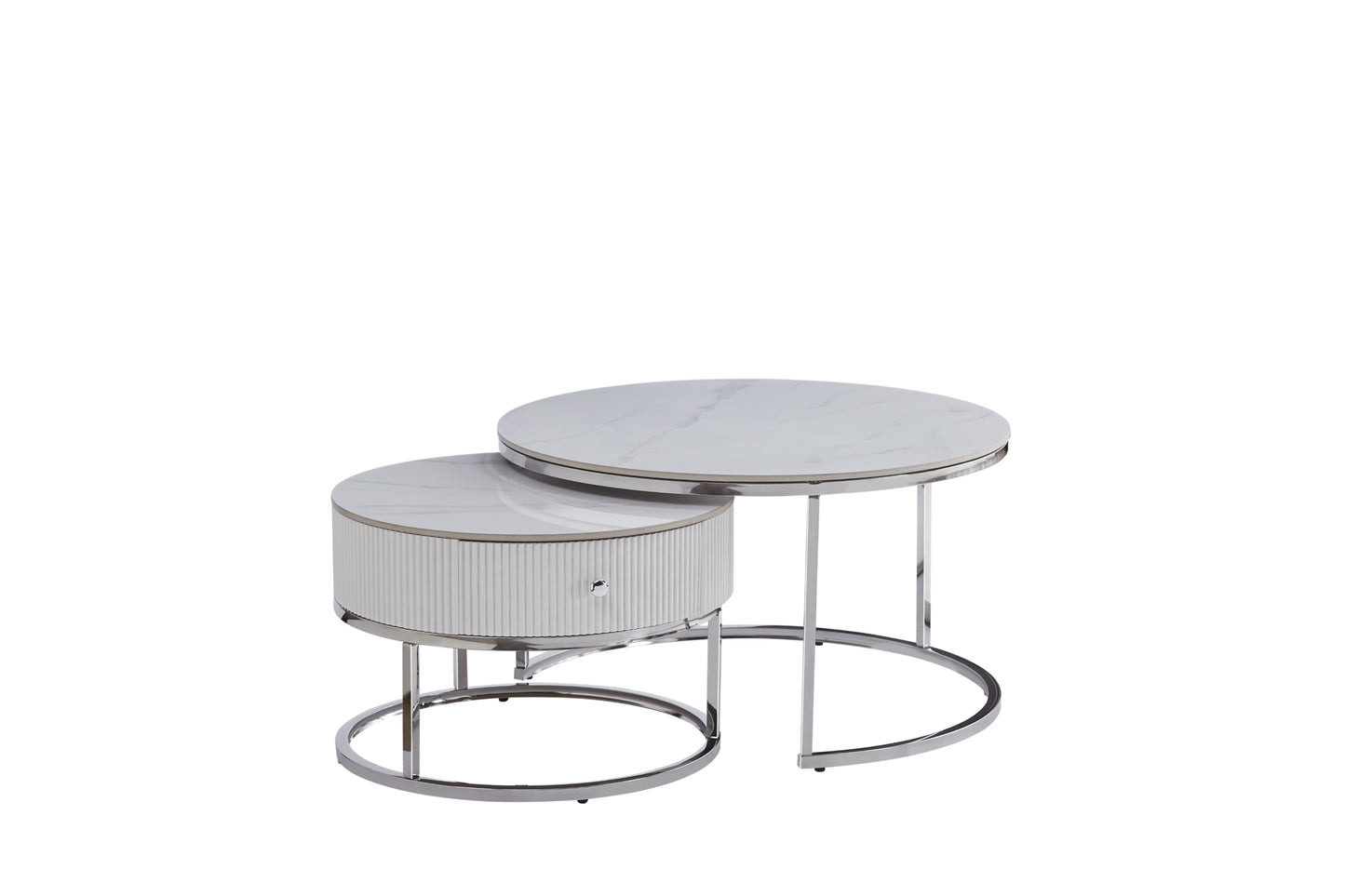 Table Basse Gigogne Samira – Tiroir Chrome & Plateau Céramique Effet Marbre Blanc 80+60 cm