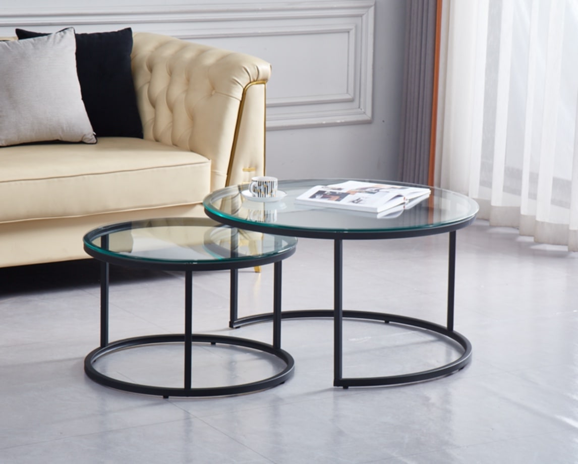 Table Basse Gigogne – Métal Noir & Plateau Verre Transparent