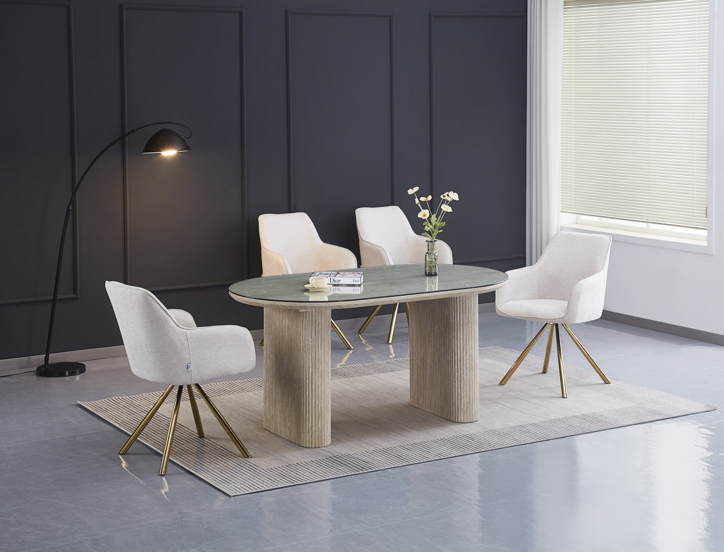 Table à manger Roxy – Pieds effet travertin et plateau transparent 160x90x75 cm
