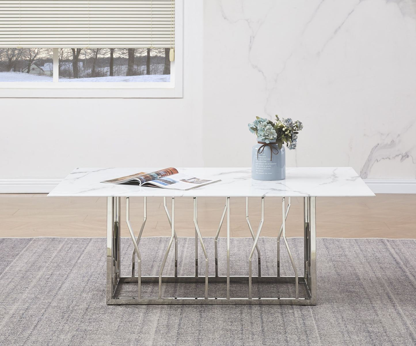 Table Basse Portofino – Pieds Chrome & Plateau Marbre Blanc 120x70x45 cm