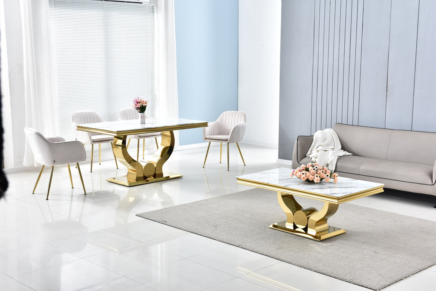 Table Trofy – Pieds gold et plateau effet marbre blanc 180x90x75 cm