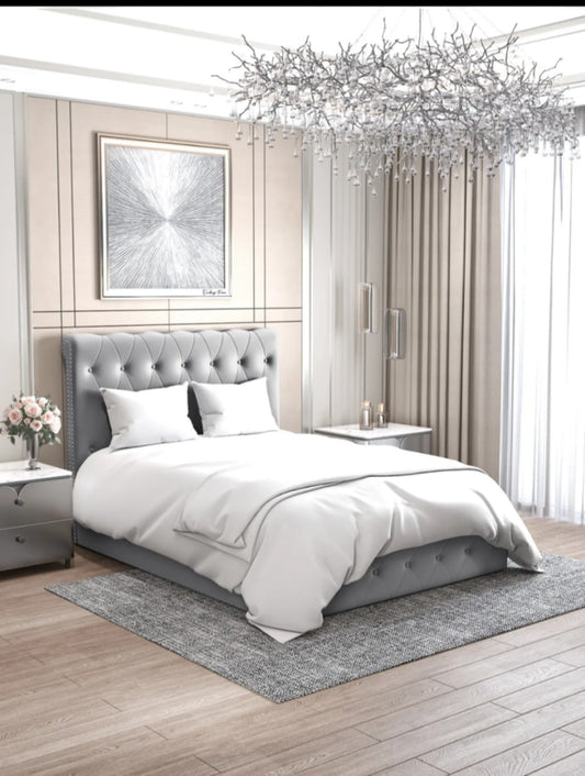 Lit Coffre « Corsica » en Velours Gris – 90x190 cm