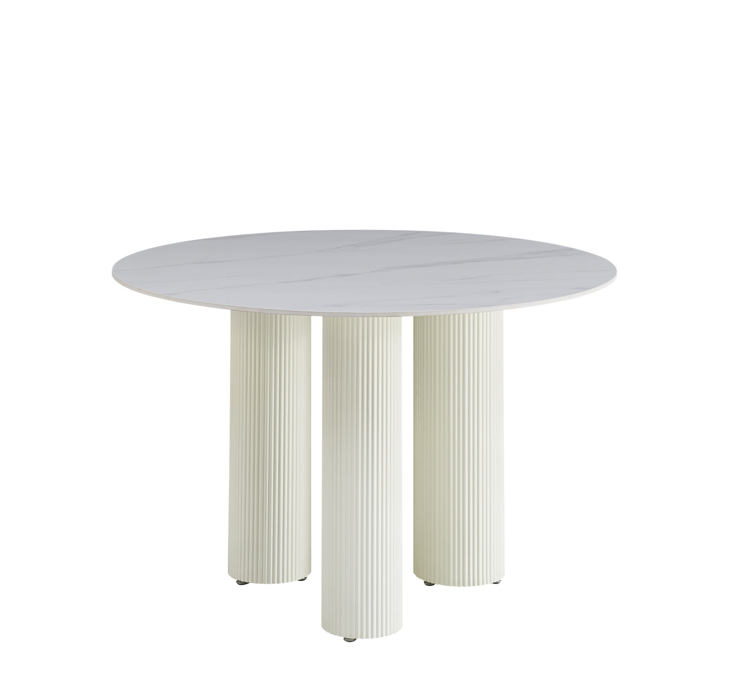 Table de repas Anaïs – Pieds finition beige et plateau céramique effet marbre blanc Ø120 cm