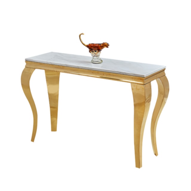Console Baroque en Métal Doré avec Plateau Marbre Blanc – 110x50x85 cm