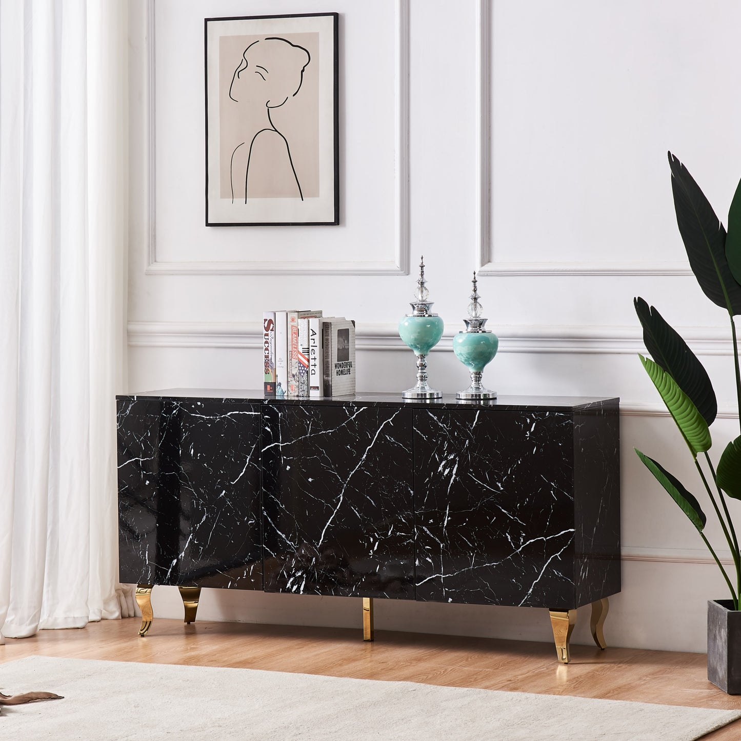 Buffet baroque laqué marbre noir 3 portes 160x40x80 cm – Pieds dorés élégants