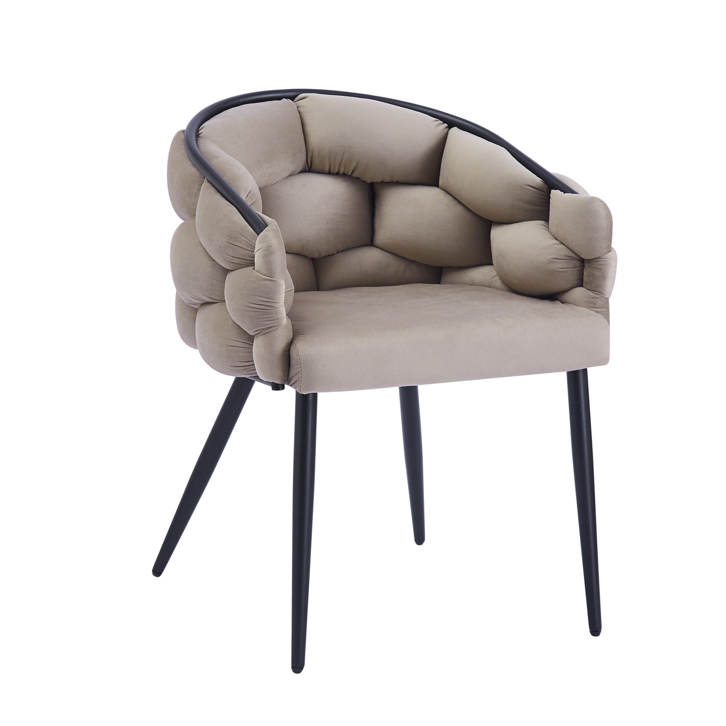 Chaise Ballon avec Accoudoirs en Velours Taupe et Pieds Métal Noir – Confort et Élégance