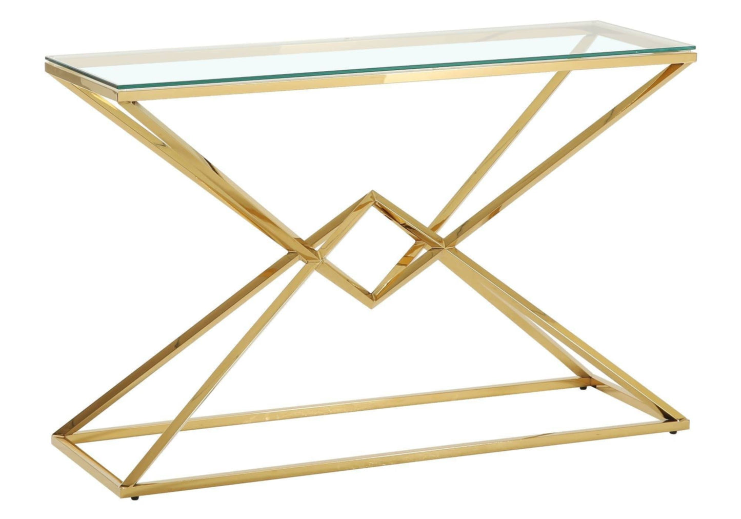 Console Pyramide en Métal Doré avec Plateau Verre Transparent – 120x40x78 cm