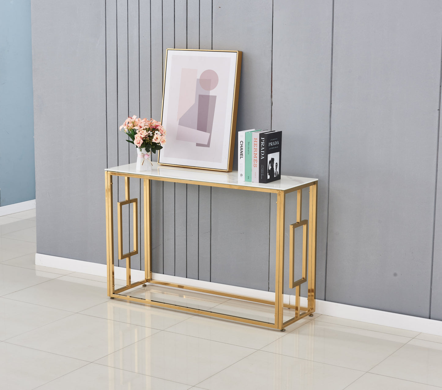 Console Sophie en Métal Doré et Marbre Blanc 120x40x78 cm