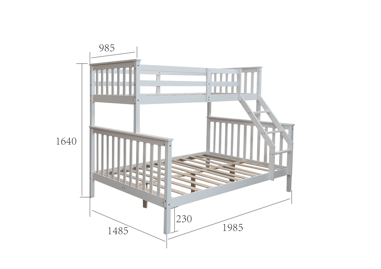 Lit superposé Batna en bois blanc 2+1 – 90x190 cm + 140x190 cm, pratique et robuste