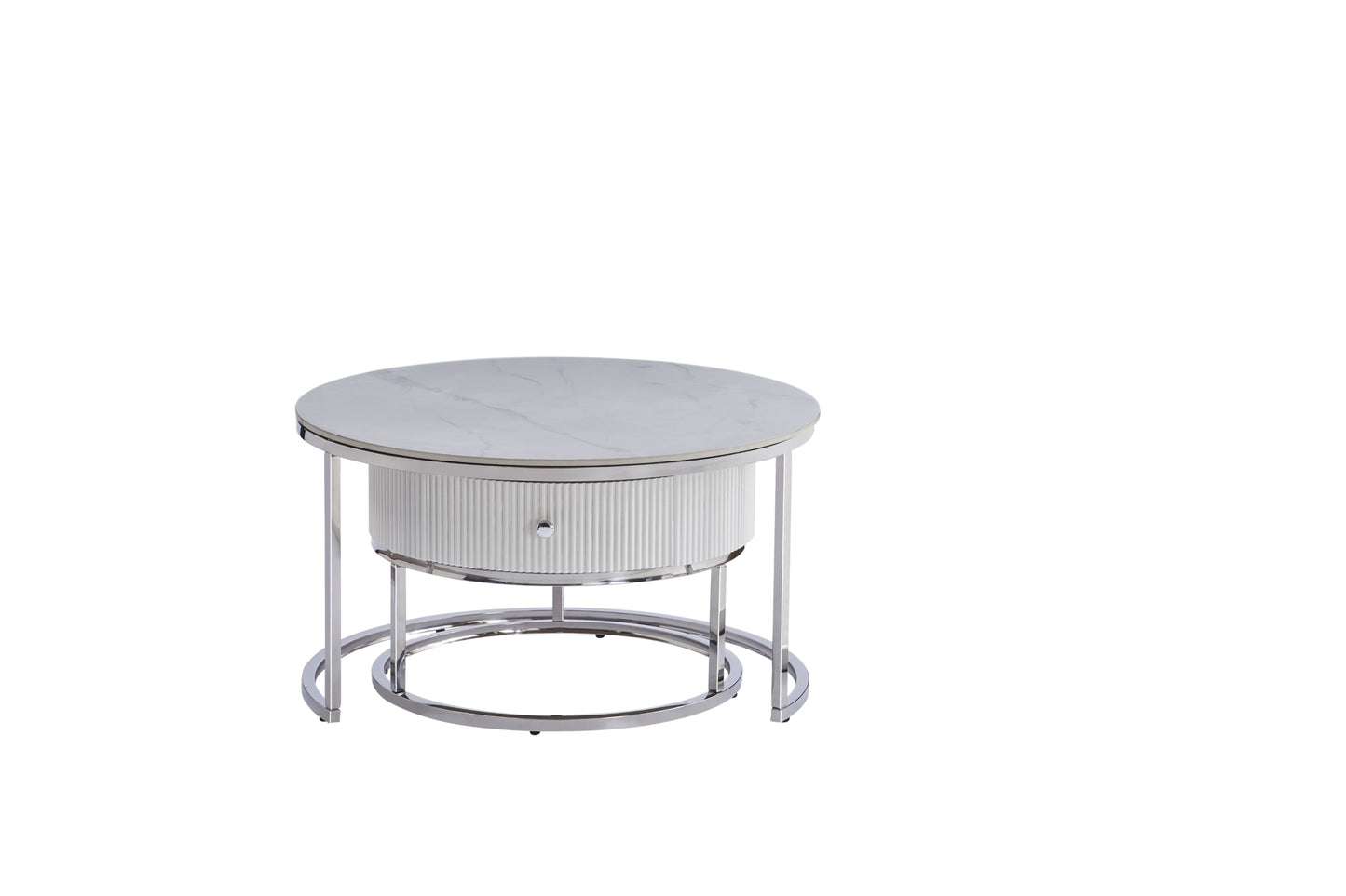 Table Basse Gigogne Samira – Tiroir Chrome & Plateau Céramique Effet Marbre Blanc 80+60 cm