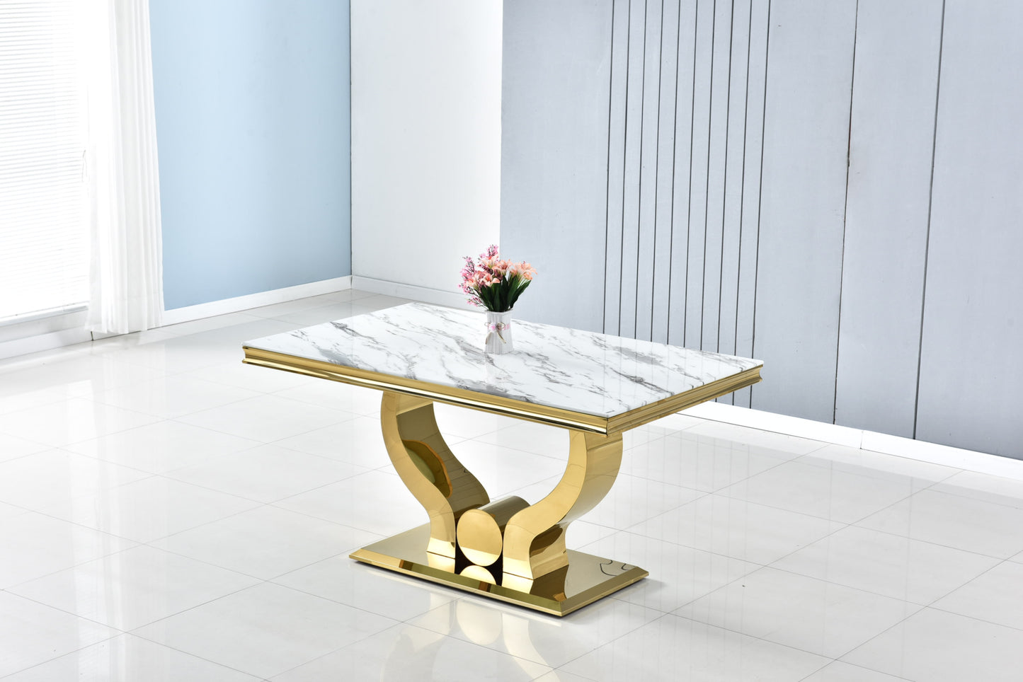 Table Trofy – Pieds gold et plateau effet marbre blanc 180x90x75 cm