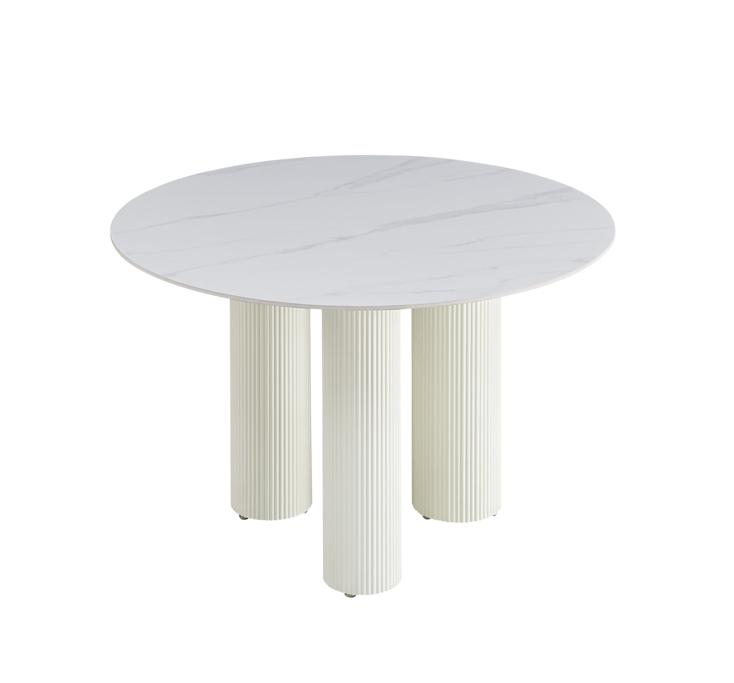 Table de repas Anaïs – Pieds finition beige et plateau céramique effet marbre blanc Ø120 cm