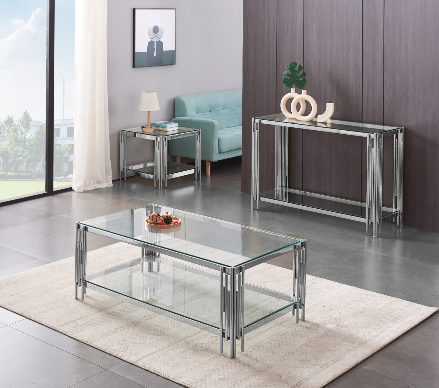 Table Basse Flute – Pieds Chrome & Plateau Transparent 120x60x45 cm