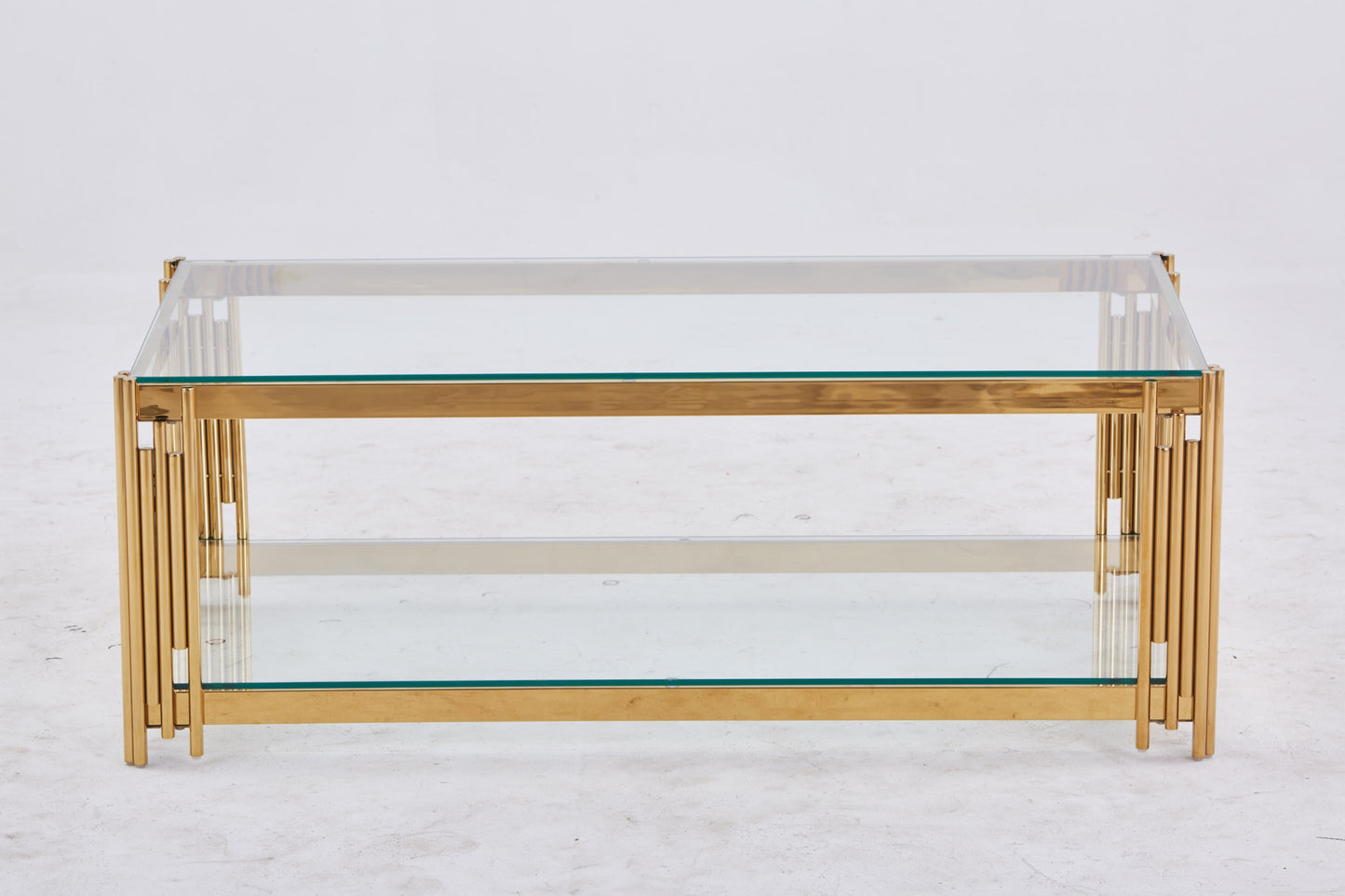 Table Basse Flute – Pieds Gold & Plateau Transparent 120x60x45 cm