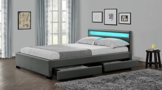 Lit LED en Similicuir Gris avec Tiroirs – 140x190 cm