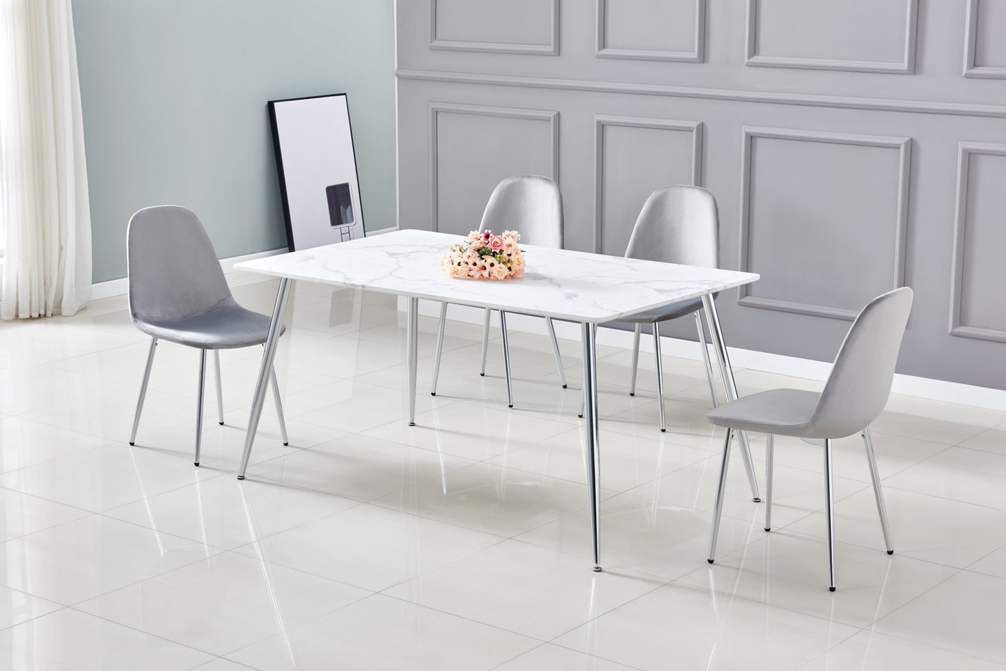 Table à manger Agnès – Pieds chrome et plateau effet marbre blanc 150x90x75 cm