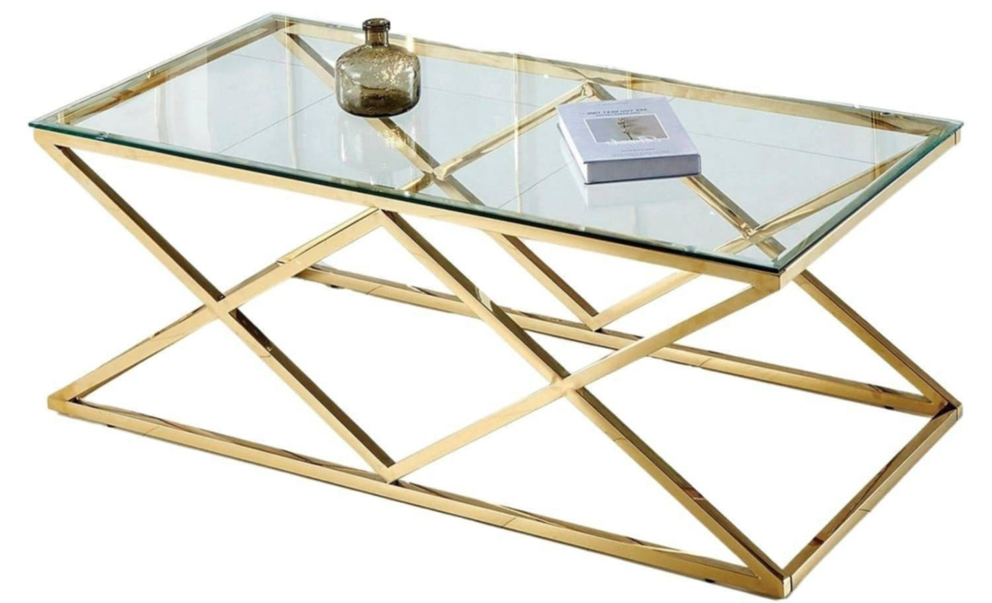 Table Basse Triangle – Pieds Gold & Plateau Transparent 120x60 cm