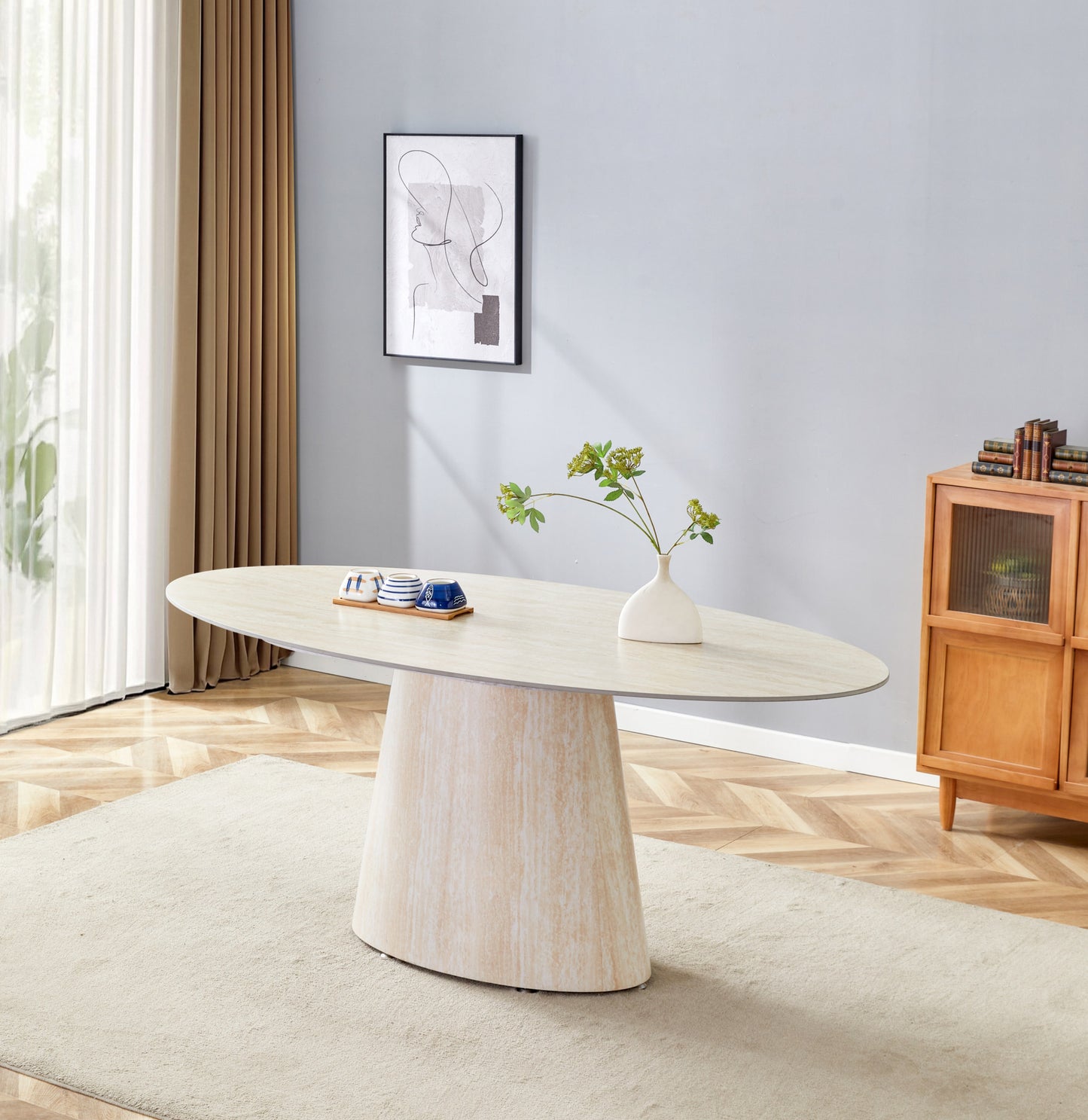 Table de repas Ova – Plateau céramique effet travertin 180 cm