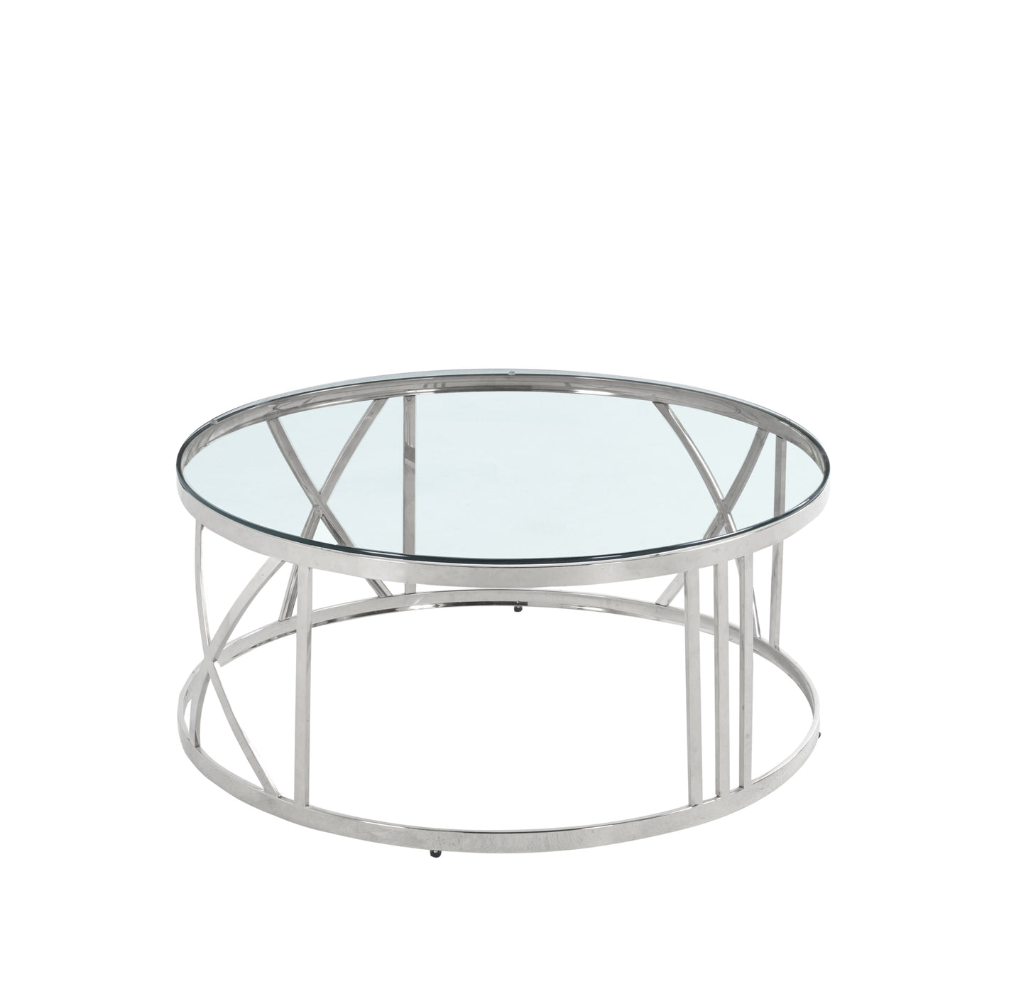 Table Basse Atoms – Métal Chrome & Plateau Transparent 100 cm