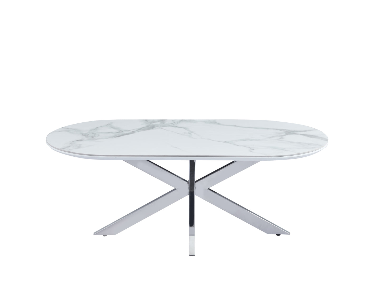 Table Basse Manon – Pied Chrome & Plateau Céramique Effet Marbre Blanc 120x60 cm