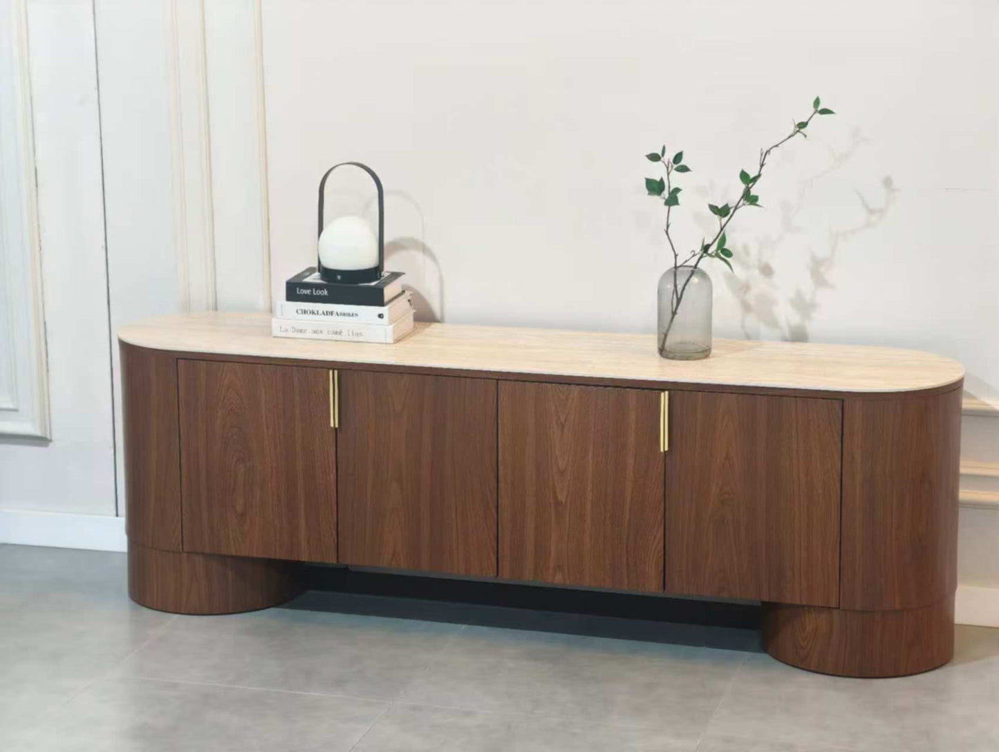 Meuble TV Iconic – Finition Noyer & Plateau Travertin Céramique – 180 cm