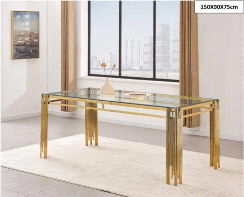 Table à manger Flute – Pieds gold et plateau transparent 150x90x75 cm