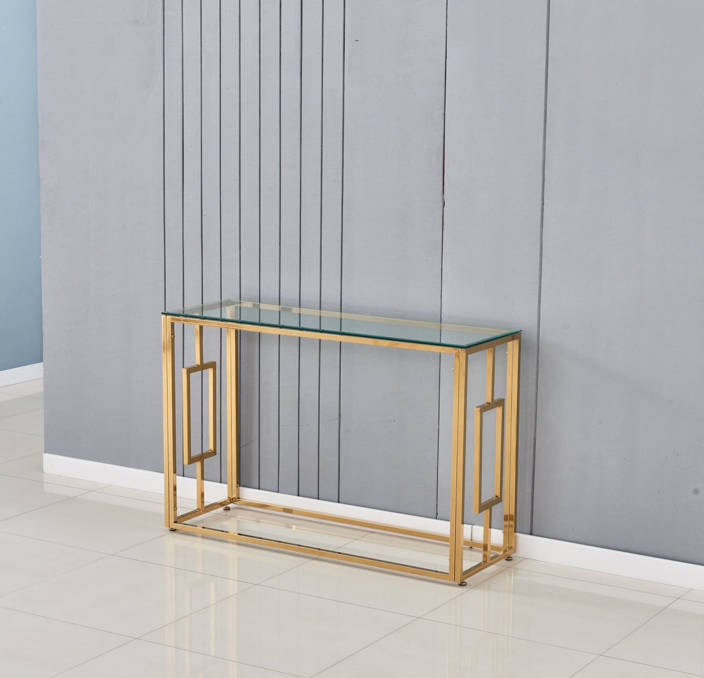 Console Sophie en Métal Doré et Verre Transparent 120x40x78 cm