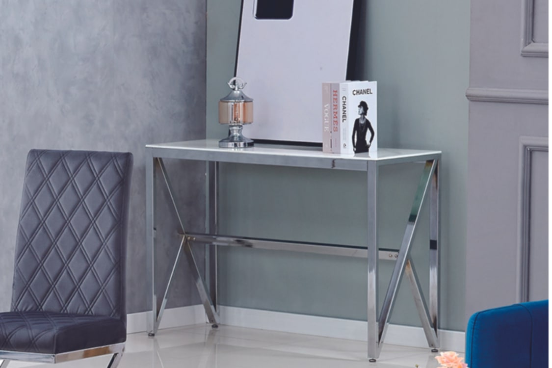 Console Majestique en Chrome avec Plateau Marbre Blanc – 120x40x78 cm
