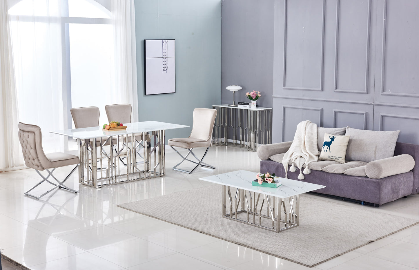 Console Portofino en Chrome et Marbre Blanc – 120x40x78 cm