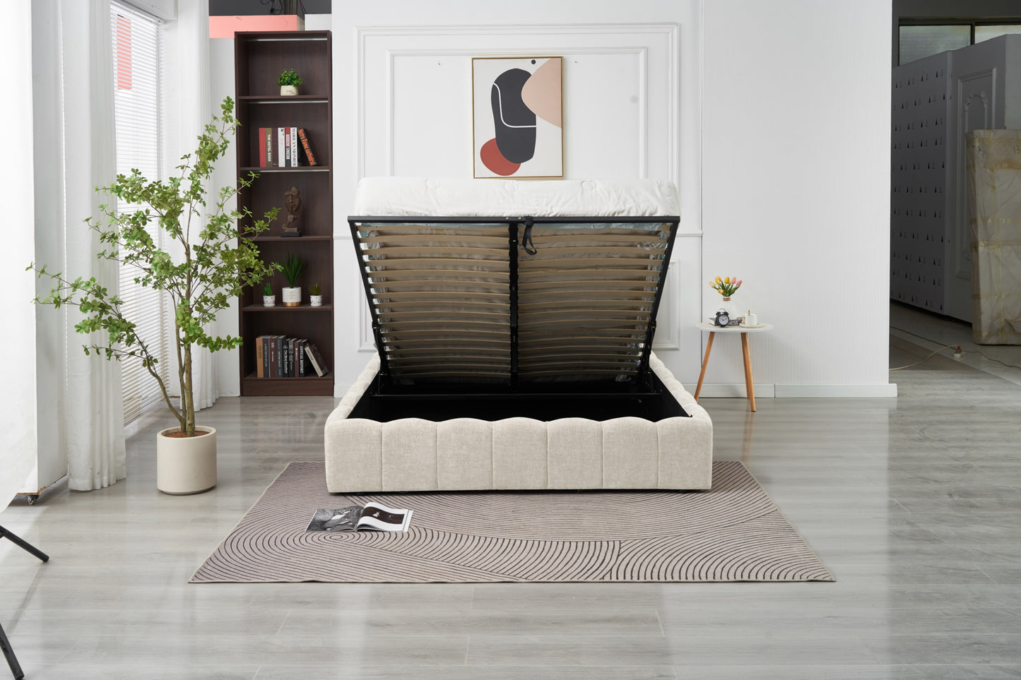 Lit Double Coffre Moon – Tissu Chenille Beige 140x190 cm