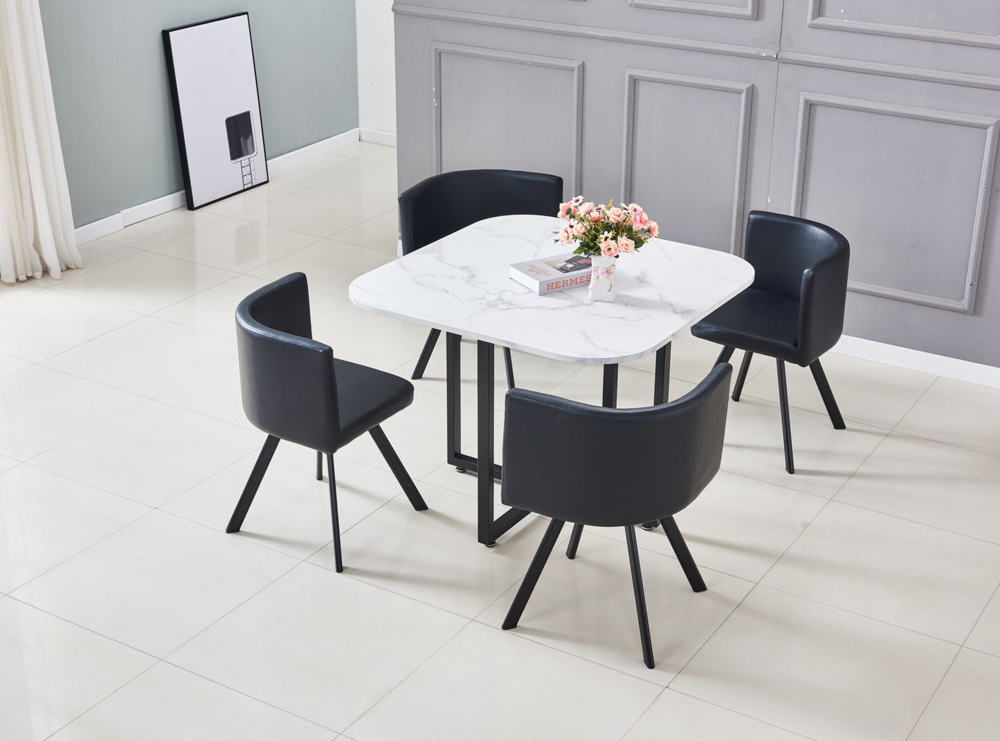 Table repas Vendôme – Plateau effet marbre avec 4 chaises – 100x100x75 cm
