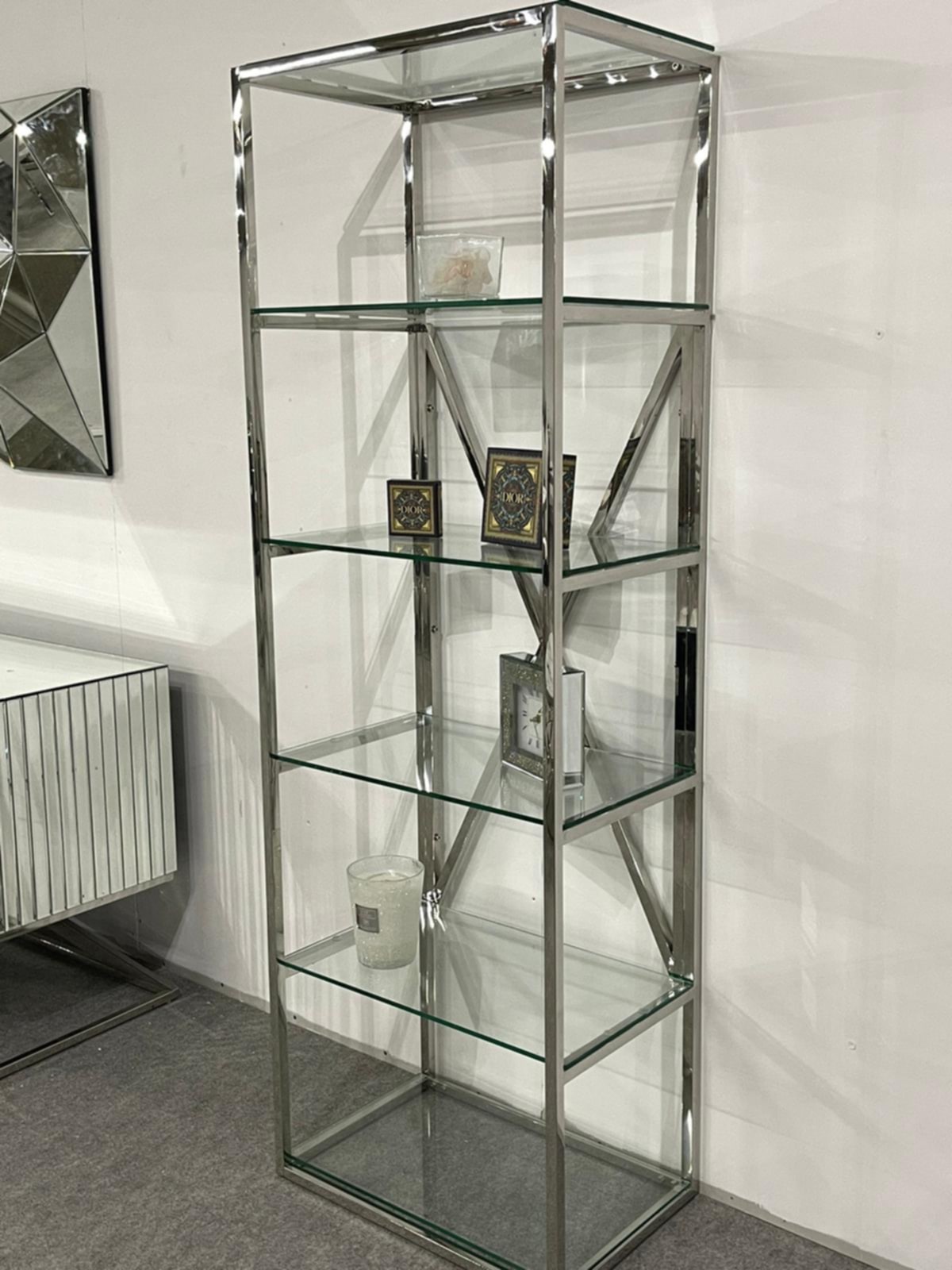 Bibliothèque Arya – Inox & Plateaux Transparants 60x40x180 cm