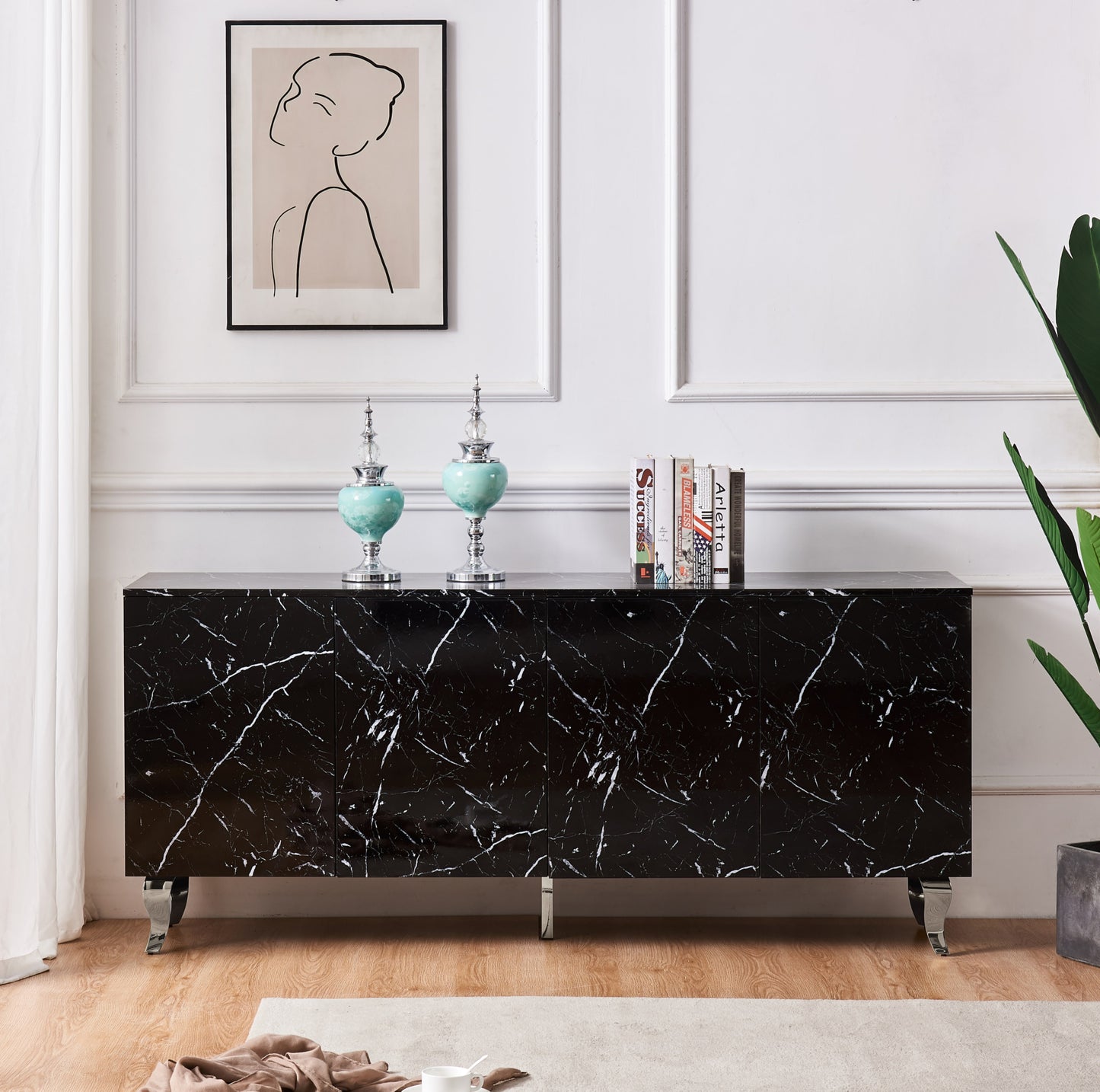 Buffet baroque laqué marbre noir 4 portes 180x40x80 cm – Pieds chromés élégants