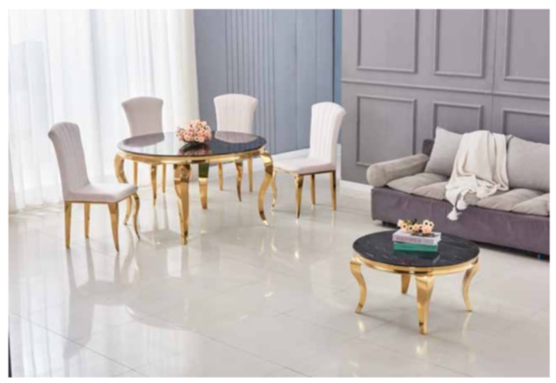Table repas Baroque ronde – Pieds gold et plateau effet marbre noir Ø130x75 cm