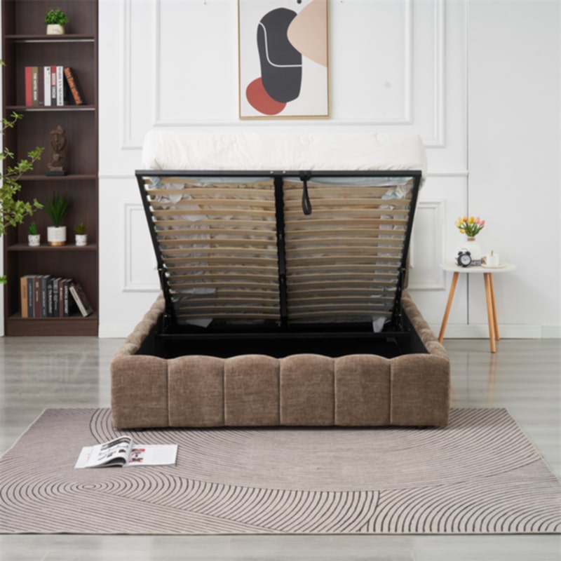 Lit Double Coffre Moon – Tissu Chenille Moka 140x190 cm