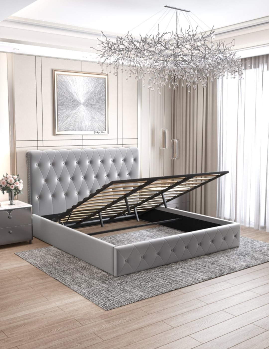 Lit Coffre « Corsica » en Velours Gris – 180x200 cm